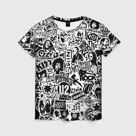 Женская футболка 3D с принтом Rock Band Logos в Курске, 100% полиэфир ( синтетическое хлопкоподобное полотно) | прямой крой, круглый вырез горловины, длина до линии бедер | ac dc | linkin park | music | queen | radiohead | rock | rock band logos | линкин парк | музыка | ретро | рок группа | элвис