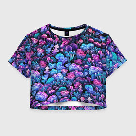 Женская футболка Crop-top 3D с принтом Волшебные грибы в Курске, 100% полиэстер | круглая горловина, длина футболки до линии талии, рукава с отворотами | neon | гриб | грибник | грибочки | магия | мистика | мухомор | паттерн | поганки | психоделика | психоделический | свет | сияние