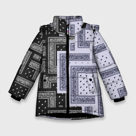 Зимняя куртка для девочек 3D с принтом 3D Бандана v white-black в Курске, ткань верха — 100% полиэстер; подклад — 100% полиэстер, утеплитель — 100% полиэстер. | длина ниже бедра, удлиненная спинка, воротник стойка и отстегивающийся капюшон. Есть боковые карманы с листочкой на кнопках, утяжки по низу изделия и внутренний карман на молнии. 

Предусмотрены светоотражающий принт на спинке, радужный светоотражающий элемент на пуллере молнии и на резинке для утяжки. | Тематика изображения на принте: fashiom | fire | game | hip hop | rap | street style | top | игра | мода | огонь | рэп | топ | уличный стиль | хип хоп