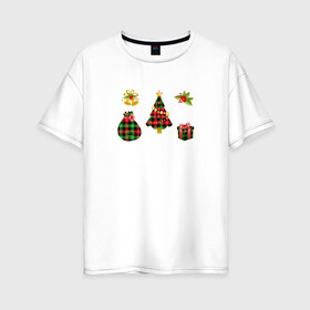 Женская футболка хлопок Oversize с принтом Рождественские Украшения в Курске, 100% хлопок | свободный крой, круглый ворот, спущенный рукав, длина до линии бедер
 | елка | зима | игрушки | картинки | колокольчики | мешок | новый год | подарок | праздники | прикольные | рождественские украшения
