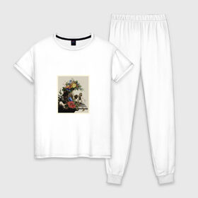 Женская пижама хлопок с принтом Vanitas в Курске, 100% хлопок | брюки и футболка прямого кроя, без карманов, на брюках мягкая резинка на поясе и по низу штанин | 