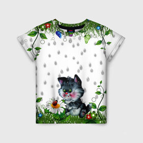 Детская футболка 3D с принтом котёнок в Курске, 100% гипоаллергенный полиэфир | прямой крой, круглый вырез горловины, длина до линии бедер, чуть спущенное плечо, ткань немного тянется | божья коровка | дождик | котёнок | цветы