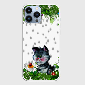 Чехол для iPhone 13 Pro Max с принтом котёнок в Курске,  |  | Тематика изображения на принте: божья коровка | дождик | котёнок | цветы