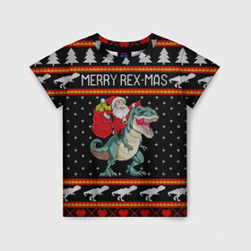 Детская футболка 3D с принтом Merry Rex-mas в Курске, 100% гипоаллергенный полиэфир | прямой крой, круглый вырез горловины, длина до линии бедер, чуть спущенное плечо, ткань немного тянется | Тематика изображения на принте: 2020 | 2021 | christmas | dino | happy | merry | new year | rex | santa | sweater | t rex | ugly christmas | динозавр | зима | новогодний | новогодняя | новый год | рождественский | рождественский свитер | рождество | санта | свитер | снег
