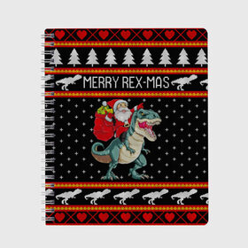 Тетрадь с принтом Merry Rex-mas в Курске, 100% бумага | 48 листов, плотность листов — 60 г/м2, плотность картонной обложки — 250 г/м2. Листы скреплены сбоку удобной пружинной спиралью. Уголки страниц и обложки скругленные. Цвет линий — светло-серый
 | 2020 | 2021 | christmas | dino | happy | merry | new year | rex | santa | sweater | t rex | ugly christmas | динозавр | зима | новогодний | новогодняя | новый год | рождественский | рождественский свитер | рождество | санта | свитер | снег