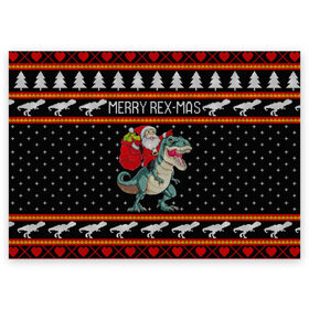 Поздравительная открытка с принтом Merry Rex-mas в Курске, 100% бумага | плотность бумаги 280 г/м2, матовая, на обратной стороне линовка и место для марки
 | 2020 | 2021 | christmas | dino | happy | merry | new year | rex | santa | sweater | t rex | ugly christmas | динозавр | зима | новогодний | новогодняя | новый год | рождественский | рождественский свитер | рождество | санта | свитер | снег