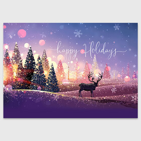 Поздравительная открытка с принтом Счастливых праздников в Курске, 100% бумага | плотность бумаги 280 г/м2, матовая, на обратной стороне линовка и место для марки
 | christmas | deer | holiday | landscape | new year | snow | trees | winter | елки | зима | новый год | олень | пейзаж | праздник | рождество | снег