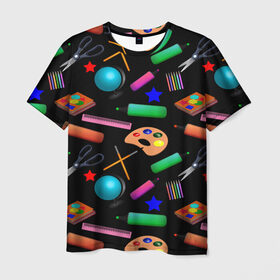 Мужская футболка 3D с принтом Снова в школу в Курске, 100% полиэфир | прямой крой, круглый вырез горловины, длина до линии бедер | глобус | карандаш | кисточка | класс | краски | линейка | математика | ножницы | перемена | портфель | физика | школа