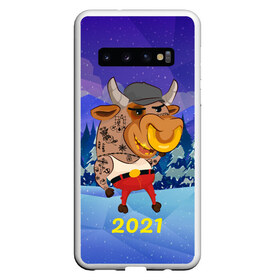 Чехол для Samsung Galaxy S10 с принтом Злой бычара 2021 в Курске, Силикон | Область печати: задняя сторона чехла, без боковых панелей | 2021 | 7 января | bull | newyear | santa | бык | быки | бычок | год быка | дед мороз | корова | новогодние каникулы | новогодние праздники | новый 2021 | новый год | новый год 2021 | рождество | сани | санта | санта клаус