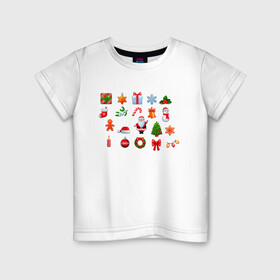 Детская футболка хлопок с принтом новогоднее настроение в Курске, 100% хлопок | круглый вырез горловины, полуприлегающий силуэт, длина до линии бедер | бант | гирлянда | дед мороз | звезда | игрушка | картинки | леденец | новый год | подарок | популярные | прикольные | пряник | снежинка