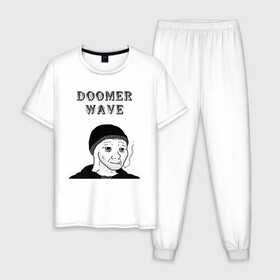 Мужская пижама хлопок с принтом Doomer Wave в Курске, 100% хлопок | брюки и футболка прямого кроя, без карманов, на брюках мягкая резинка на поясе и по низу штанин
 | Тематика изображения на принте: 20 | 2020 | 2021 | 21 | 2k20 | 2к20 | doomer | girl | girls | guy | man | mem | meme | memes | wafe | бумер | бумеры | волна | девушка | девушки | думер | думеры | зумер | зумеры | мем | мемы | мужчина | парень