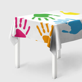 Скатерть 3D с принтом Цветные ладошки - Детский узор в Курске, 100% полиэстер (ткань не мнется и не растягивается) | Размер: 150*150 см | дети | детский | краска | ладошки | пальцы | радуга | ребенок | руки | след | узор