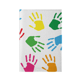 Обложка для паспорта матовая кожа с принтом Цветные ладошки - Детский узор в Курске, натуральная матовая кожа | размер 19,3 х 13,7 см; прозрачные пластиковые крепления | Тематика изображения на принте: дети | детский | краска | ладошки | пальцы | радуга | ребенок | руки | след | узор