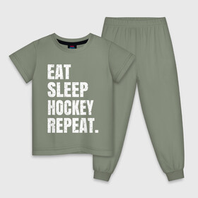 Детская пижама хлопок с принтом EAT SLEEP HOCKEY REPEAT в Курске, 100% хлопок |  брюки и футболка прямого кроя, без карманов, на брюках мягкая резинка на поясе и по низу штанин
 | Тематика изображения на принте: boston | bruins | capitals | detroit | eat | eat sleep hockey repeat | hockey | nhl | penguins | pittsburgh | red wings | repeat | sleep | washington | вашингтон кэпиталз | нхл | питтсбург пингвинз | хокей | хоккей