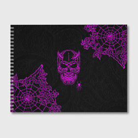 Альбом для рисования с принтом Demonic skull в Курске, 100% бумага
 | матовая бумага, плотность 200 мг. | demon | evil | skull | готический | демон | дьявол | зло | монстр | паук | паутина | рога | скелет | цветы | череп