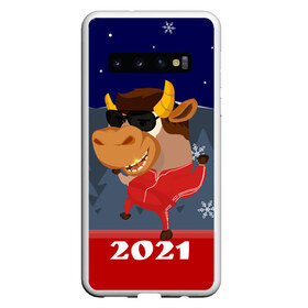 Чехол для Samsung Galaxy S10 с принтом Бычара 2021 в Курске, Силикон | Область печати: задняя сторона чехла, без боковых панелей | 2021 | 7 января | bull | newyear | santa | бык | быки | бычок | год быка | дед мороз | корова | новогодние каникулы | новогодние праздники | новый 2021 | новый год | новый год 2021 | рождество | сани | санта | санта клаус