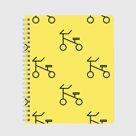 Тетрадь с принтом Велосипеды на желтом в Курске, 100% бумага | 48 листов, плотность листов — 60 г/м2, плотность картонной обложки — 250 г/м2. Листы скреплены сбоку удобной пружинной спиралью. Уголки страниц и обложки скругленные. Цвет линий — светло-серый
 | Тематика изображения на принте: велик | велосипед | велоспрот | желтый | кататься | летний | паттерн | покатушки | спорт | узор