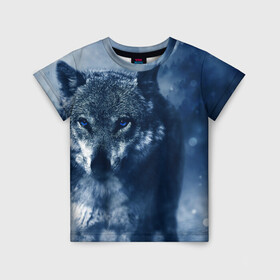 Детская футболка 3D с принтом Красивый волк в Курске, 100% гипоаллергенный полиэфир | прямой крой, круглый вырез горловины, длина до линии бедер, чуть спущенное плечо, ткань немного тянется | Тематика изображения на принте: wolf | ауф | волк | волчонок | зима | синеглазый волк