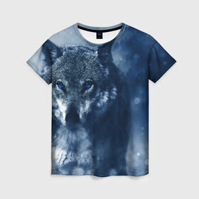 Женская футболка 3D с принтом Красивый волк в Курске, 100% полиэфир ( синтетическое хлопкоподобное полотно) | прямой крой, круглый вырез горловины, длина до линии бедер | wolf | ауф | волк | волчонок | зима | синеглазый волк