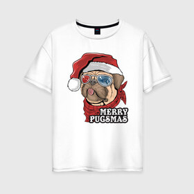 Женская футболка хлопок Oversize с принтом Рождественский Мопс в Курске, 100% хлопок | свободный крой, круглый ворот, спущенный рукав, длина до линии бедер
 | 
