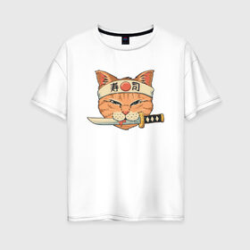Женская футболка хлопок Oversize с принтом Кот Самурай в Курске, 100% хлопок | свободный крой, круглый ворот, спущенный рукав, длина до линии бедер
 | 2077 | cat | cats | cyberpunk | japan | neko | samurai | yakuza | катана | кот | коты | кошка | самурай | харакири | якудза | япония
