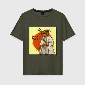 Женская футболка хлопок Oversize с принтом Съедобный самурай в Курске, 100% хлопок | свободный крой, круглый ворот, спущенный рукав, длина до линии бедер
 | japan | katana | ramen | samurai | катана | лапша | рамен | самурай | япония