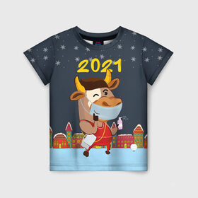 Детская футболка 3D с принтом Коронавирусный Новый Год в Курске, 100% гипоаллергенный полиэфир | прямой крой, круглый вырез горловины, длина до линии бедер, чуть спущенное плечо, ткань немного тянется | 2021 | 7 января | bull | newyear | santa | бык | быки | бычок | год быка | дед мороз | корова | новогодние каникулы | новогодние праздники | новый 2021 | новый год | новый год 2021 | рождество | сани | санта | санта клаус