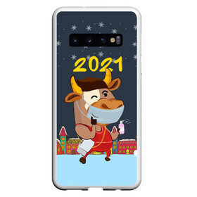 Чехол для Samsung Galaxy S10 с принтом Коронавирусный Новый Год в Курске, Силикон | Область печати: задняя сторона чехла, без боковых панелей | Тематика изображения на принте: 2021 | 7 января | bull | newyear | santa | бык | быки | бычок | год быка | дед мороз | корова | новогодние каникулы | новогодние праздники | новый 2021 | новый год | новый год 2021 | рождество | сани | санта | санта клаус
