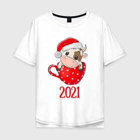 Мужская футболка хлопок Oversize с принтом Милый новогодний бычок 2021 в Курске, 100% хлопок | свободный крой, круглый ворот, “спинка” длиннее передней части | Тематика изображения на принте: 2021 | 7 января | bull | newyear | santa | бык | быки | бычок | год быка | дед мороз | корова | новогодние каникулы | новогодние праздники | новый 2021 | новый год | новый год 2021 | рождество | сани | санта | санта клаус