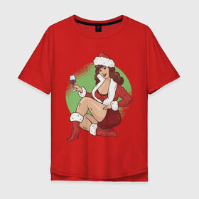 Мужская футболка хлопок Oversize с принтом Pin Up Girl Christmas в Курске, 100% хлопок | свободный крой, круглый ворот, “спинка” длиннее передней части | christmas | drawing | girl | new year | pin up | девушка | новый год | пин ап | рисунок | рождество | снегурочка