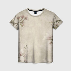 Женская футболка 3D с принтом Цветущая сакура. в Курске, 100% полиэфир ( синтетическое хлопкоподобное полотно) | прямой крой, круглый вырез горловины, длина до линии бедер | акварель. | бабочки | гуашь | розы | сакура | тушь | цветы | чернила | япония | японская живопись