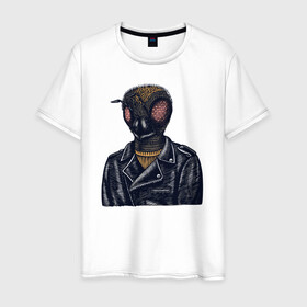 Мужская футболка хлопок с принтом Пчела байкер в Курске, 100% хлопок | прямой крой, круглый вырез горловины, длина до линии бедер, слегка спущенное плечо. | байкер | глаза | кожаная | косуха | насекомое | одежда | пчела | хипстер