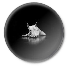 Значок с принтом Puppy в Курске,  металл | круглая форма, металлическая застежка в виде булавки | bull terrier | dog | ears | eyes | muzzle | nose | paws | puppy | бультерьер | глаза | лапы | нос | уши | щенок
