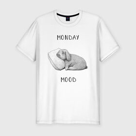 Мужская футболка хлопок Slim с принтом Monday Mood в Курске, 92% хлопок, 8% лайкра | приталенный силуэт, круглый вырез ворота, длина до линии бедра, короткий рукав | Тематика изображения на принте: dream | monday | mood | rabbit | sleep | заяц | кролик | понедельник | работа | сон | спать