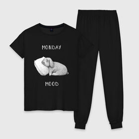 Женская пижама хлопок с принтом Monday Mood в Курске, 100% хлопок | брюки и футболка прямого кроя, без карманов, на брюках мягкая резинка на поясе и по низу штанин | dream | monday | mood | rabbit | sleep | заяц | кролик | понедельник | работа | сон | спать