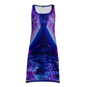 Платье-майка 3D с принтом Неоновый туннель в Курске, 100% полиэстер | полуприлегающий силуэт, широкие бретели, круглый вырез горловины, удлиненный подол сзади. | геометрия | лазер | неон | розовый | свет | синий | треугольник | фигура | фиолетовый | цвета