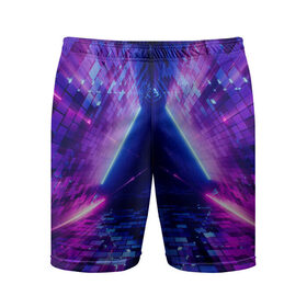 Мужские шорты спортивные с принтом Неоновый туннель в Курске,  |  | геометрия | лазер | неон | розовый | свет | синий | треугольник | фигура | фиолетовый | цвета