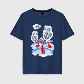 Женская футболка хлопок Oversize с принтом КРАСНЫЕ ЗАЙЦЫ в Курске, 100% хлопок | свободный крой, круглый ворот, спущенный рукав, длина до линии бедер
 | для детей | зайцы | зайчики | зима | красный | пейзаж