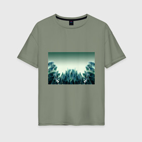 Женская футболка хлопок Oversize с принтом акварельный лес градиент в Курске, 100% хлопок | свободный крой, круглый ворот, спущенный рукав, длина до линии бедер
 | акварель | горы | деревья | дымка | ели | лес | нрадиент | олень | отражение | природа | рисунок | силуэты