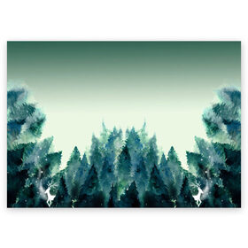 Поздравительная открытка с принтом акварельный лес градиент в Курске, 100% бумага | плотность бумаги 280 г/м2, матовая, на обратной стороне линовка и место для марки
 | акварель | горы | деревья | дымка | ели | лес | нрадиент | олень | отражение | природа | рисунок | силуэты