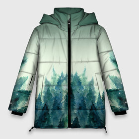Женская зимняя куртка 3D с принтом акварельный лес градиент в Курске, верх — 100% полиэстер; подкладка — 100% полиэстер; утеплитель — 100% полиэстер | длина ниже бедра, силуэт Оверсайз. Есть воротник-стойка, отстегивающийся капюшон и ветрозащитная планка. 

Боковые карманы с листочкой на кнопках и внутренний карман на молнии | акварель | горы | деревья | дымка | ели | лес | нрадиент | олень | отражение | природа | рисунок | силуэты