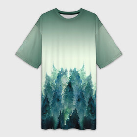 Платье-футболка 3D с принтом акварельный лес градиент в Курске,  |  | акварель | горы | деревья | дымка | ели | лес | нрадиент | олень | отражение | природа | рисунок | силуэты