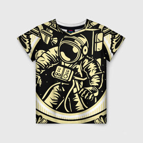 Детская футболка 3D с принтом Космонавт освоение космоса в Курске, 100% гипоаллергенный полиэфир | прямой крой, круглый вырез горловины, длина до линии бедер, чуть спущенное плечо, ткань немного тянется | astronaut | outerspace | астронавт | буквы | в космосе | гитара | дата | космический корабль | космическое пространство | космонавт | космос | скафандр | слова | узоры | фразы | цифры | шаттл