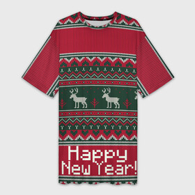 Платье-футболка 3D с принтом Свитер (Happy New Year) в Курске,  |  | Тематика изображения на принте: 2020 | 2021 | happy | new year | быка | гирлянда | дед мороз | елка | зеленый | игрушка | клаус | конфеты | нг | новый год | носок | олени | перчатка | подарок | рождество | с | санта | сладости | снег | снеговик