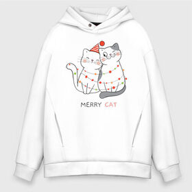 Мужское худи Oversize хлопок с принтом Merry Cat в Курске, френч-терри — 70% хлопок, 30% полиэстер. Мягкий теплый начес внутри —100% хлопок | боковые карманы, эластичные манжеты и нижняя кромка, капюшон на магнитной кнопке | new year | арт | графика | дед мороз | зима | кошки | новый год | рождество | санта