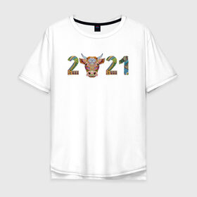 Мужская футболка хлопок Oversize с принтом Год быка 2021 в Курске, 100% хлопок | свободный крой, круглый ворот, “спинка” длиннее передней части | Тематика изображения на принте: 2021 | 7 января | bull | newyear | santa | бык | быки | бычок | год быка | дед мороз | корова | новогодние каникулы | новогодние праздники | новый 2021 | новый год | новый год 2021 | рождество | сани | санта | санта клаус