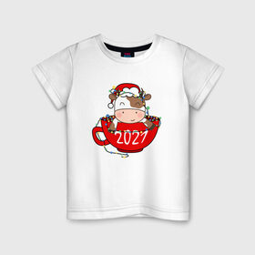 Детская футболка хлопок с принтом Милый бычок 2021 в Курске, 100% хлопок | круглый вырез горловины, полуприлегающий силуэт, длина до линии бедер | 2021 | 7 января | bull | newyear | santa | бык | быки | бычок | год быка | дед мороз | корова | новогодние каникулы | новогодние праздники | новый 2021 | новый год | новый год 2021 | рождество | сани | санта | санта клаус