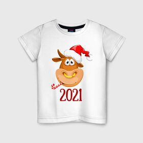 Детская футболка хлопок с принтом Веселый бык 2021 в Курске, 100% хлопок | круглый вырез горловины, полуприлегающий силуэт, длина до линии бедер | Тематика изображения на принте: 2021 | 7 января | bull | newyear | santa | бык | быки | бычок | год быка | дед мороз | корова | новогодние каникулы | новогодние праздники | новый 2021 | новый год | новый год 2021 | рождество | сани | санта | санта клаус