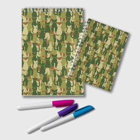 Блокнот с принтом Камуфляж из котов в Курске, 100% бумага | 48 листов, плотность листов — 60 г/м2, плотность картонной обложки — 250 г/м2. Листы скреплены удобной пружинной спиралью. Цвет линий — светло-серый
 | 23 февраля | армия | военная | зелень | камуфляж | листья | маскировка | паттерн | солдат | текстуры