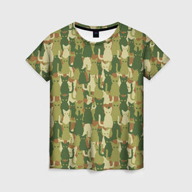 Женская футболка 3D с принтом Камуфляж из котов в Курске, 100% полиэфир ( синтетическое хлопкоподобное полотно) | прямой крой, круглый вырез горловины, длина до линии бедер | 23 февраля | армия | военная | зелень | камуфляж | листья | маскировка | паттерн | солдат | текстуры